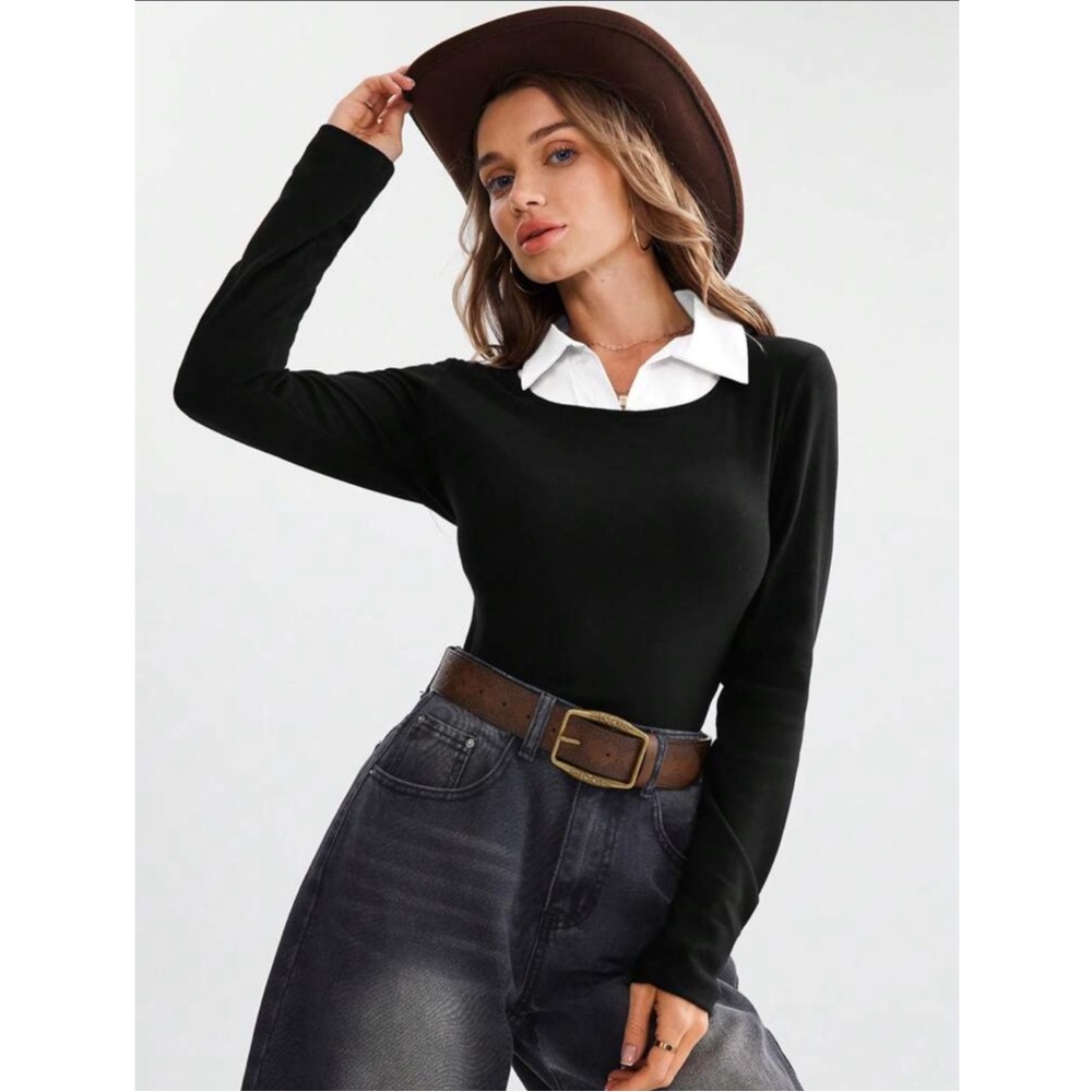 2 in 1 Collared Stretchy Black and White Long Sleeve Top